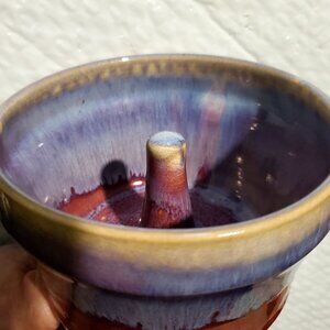 Signed Vtg Pottery Bundt Cake Form Jello Mold Stoneware Vessel Blue Drip Glaze